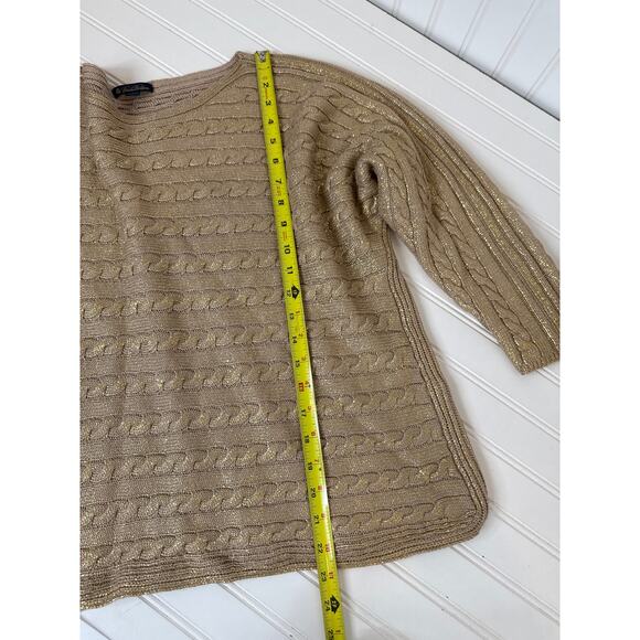 Brook Brothers Tan Metallic Cable Knit Crew Neck Pullover Sweater Womens Sz L - Picture 3 of 6